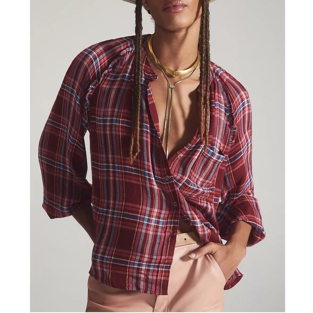 Anthropologie Pilcro Plaid Buttondown - Pink Combo Red Raspberry - M